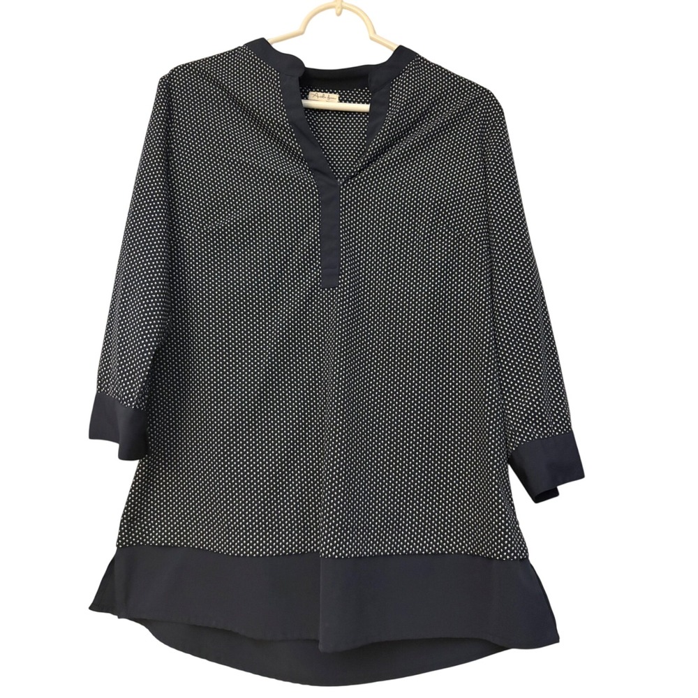 Antilia Femme Navy Blue White Print Tunic Top Split V-Neck 3/4 Sleeve Blouse‎ M